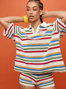 SUMWON WOMEN 夏季节日钩针 Polo 衫海滩度假彩虹条纹针织套头衫休闲池畔波西米亚风复古条纹上衣 - 彩色 - 查看 1