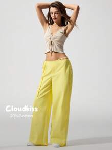 Menodora SHEIN Sport Cloudkiss 20%Cotton Women's Casual Solid Color Woven Low Waist Straight Leg Pants - Butter Yellow - View 1