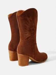 Styleloop Women's Faux Suede Zipper Side Boots, Round Toe Chunky Heel Classic Boots, Perfectly Matched With Jeans, Mid-Calf Boots - Coffee Brown - View 2