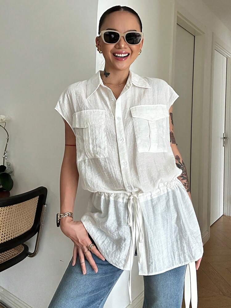 Women's Solid Color Loose Turndown Collar Pocket Cinched Waist Hem Casual Vintage Shirt For Summer