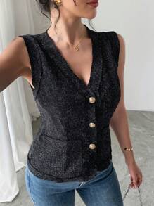 女士休闲通勤V领前扣吊带背心，夏季 - 黑色 - 查看 3