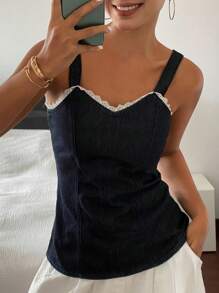 Livesso Women's Summer Lace Patchwork Decor Spaghetti Strap Cami Crop Top - Blue - View 3
