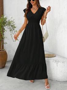 SHEIN Clasi Vestido largo con mangas de campana y fruncido en la cintura, de color liso, elegante para el verano - Negro - Ver 5