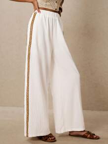 Poéselle Women's Color Block Ribbon Embroidered Sunray Wide Leg Trousers - White - View 3