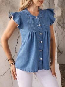 SHEIN LUNE Women's Summer Single Breasted Mini Cap Sleeve Casual Denim Shirt Blouse - Blue - View 6