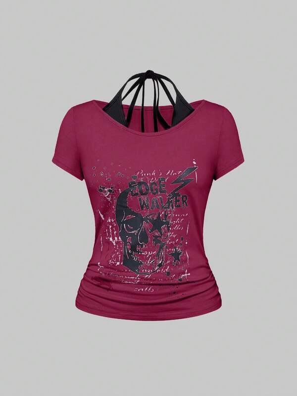 ROMWE Grunge Punk Spring / Summer Women's Casual Skull Print Contrast Color Halter T-Shirt, Summer