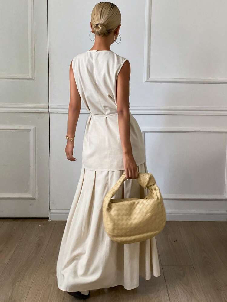 2pcs/Set Women Solid Color Sleeveless Long Top & High Slit Skirt Casual Vacation Outfit