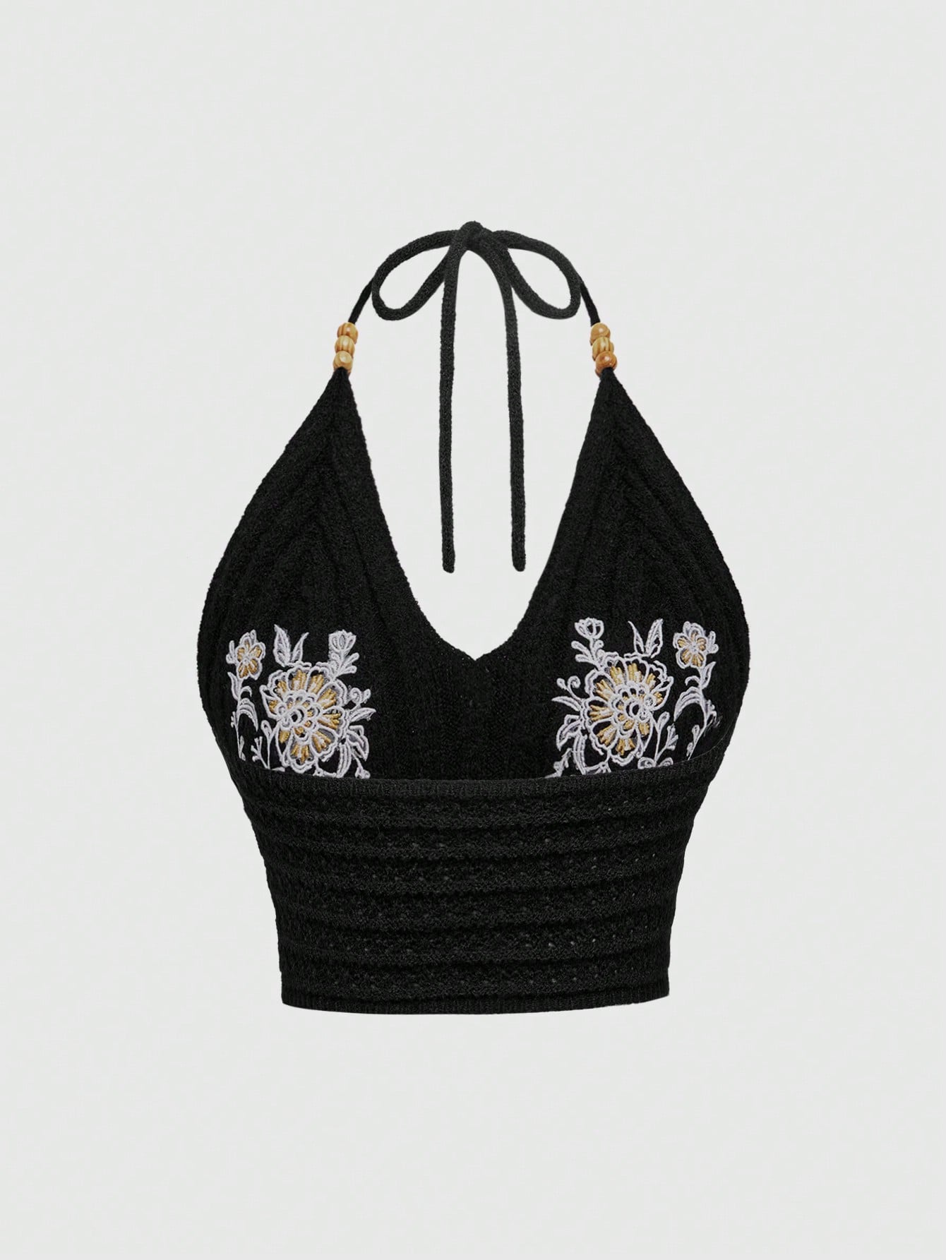 Our Hippie Black Crochet Halter Backless Embroidered Beaded Tank