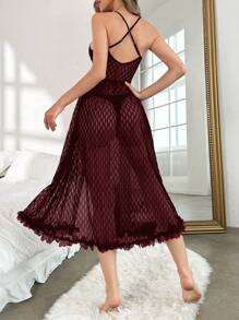 SilkySpell 珍珠链装饰蕾丝拼接提花性感长款睡袍