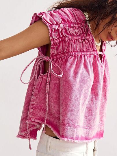 Bohemela 女士休闲梭织V领盖袖宽松牛仔衬衫