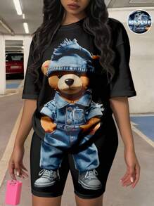 Slaydiva 2 Paquetes de Conjunto de Camiseta de Manga Corta y Pantalón Corto de Efecto Vaquero con Estampado Lindo de Oso en Talla Grande para Damas, Informal de Verano