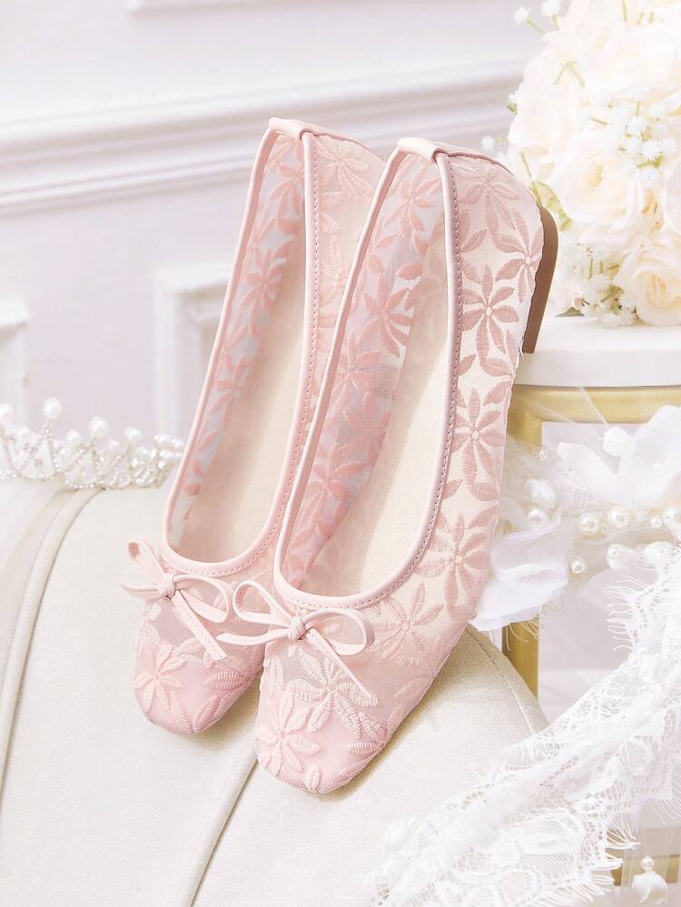 CUCCOO HITCHD Women Shoes Summer New Arrival Bow & Floral Embroidery Lace Square Toe Flats, Elegant Romantic Comfortable Blush Pink Mesh Flats, Suitable For Dress, Wedding, Party, Date, Fashion For Christmas Wedding Shoes Summer Shoes Bride Shoes