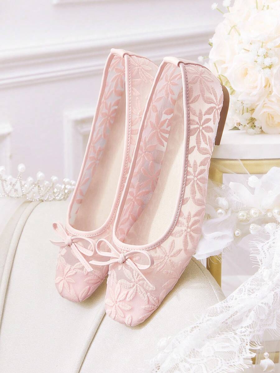 CUCCOO HITCHD Women Shoes Summer New Arrival Bow & Floral Embroidery Lace Square Toe Flats, Elegant Romantic Comfortable Blush Pink Mesh Flats, Suitable For Dress, Wedding, Party, Date, Fashion