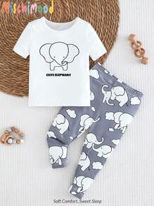 男婴卡通大象印花短袖上衣和裤子两件套衣服大象婴儿服装套装男女通用婴儿衣服婴儿服装合身睡衣紧身春夏装