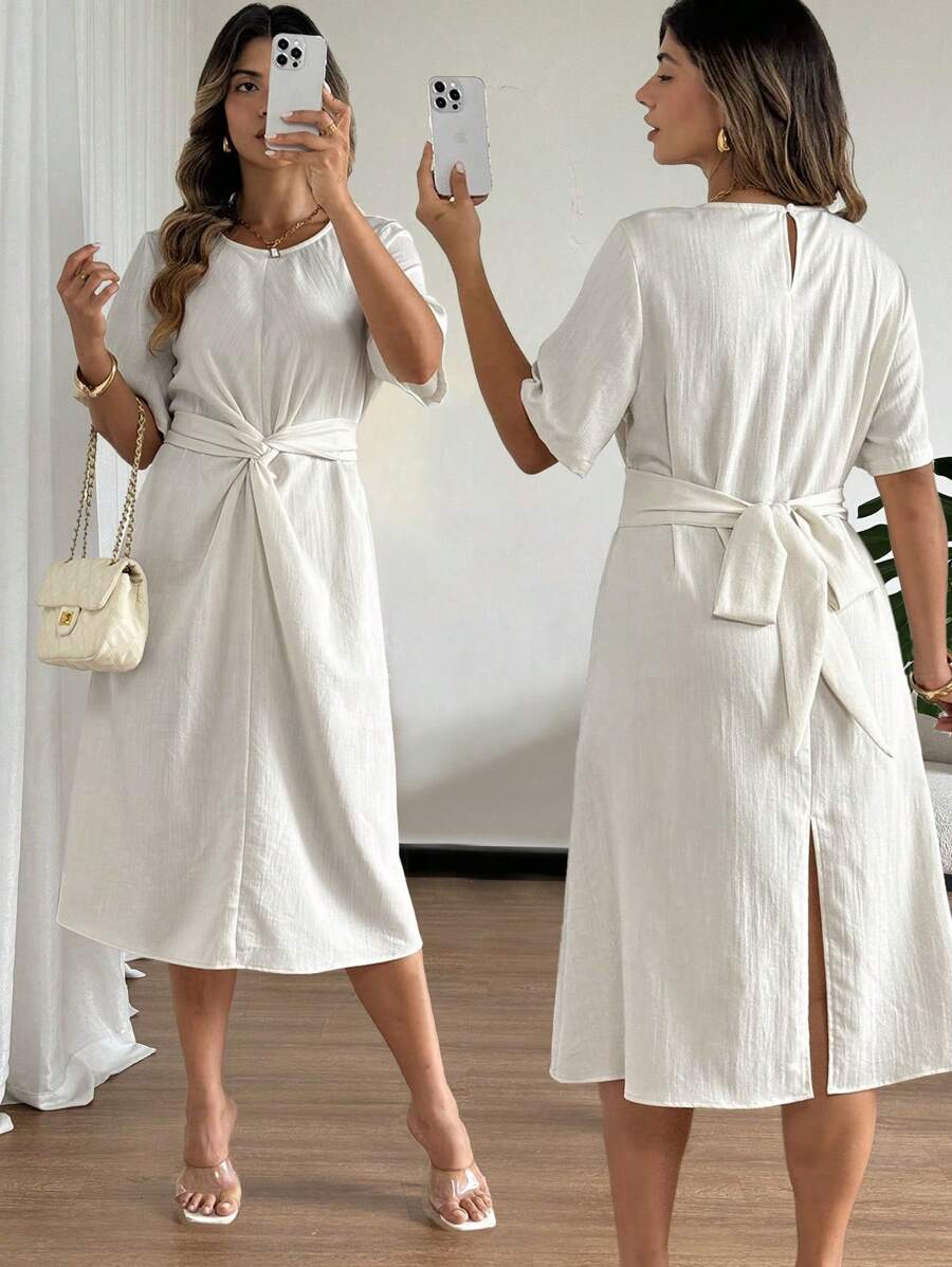 SHEIN Clasi Plus Size Women Linen Solid Color Twist Knot Tie Front Dress - Apricot - View 1