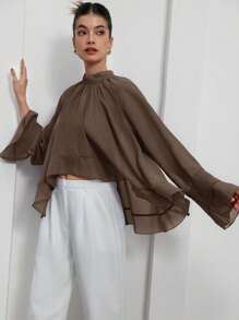 Aveloria 紫色雪纺荷叶边层叠喇叭形优雅奢华设计女式衬衫