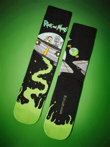 Rick and Morty X SHEIN 3 双男士柔软透气吸湿排汗中筒袜，加固脚趾和脚跟，经久耐用，适合所有季节，黑绿色男女通用 - 彩色 - 查看 12