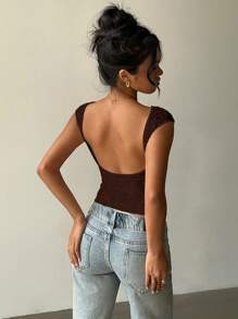 Aloruh Lace Patchwork Short Sleeve Sexy Back Cutout T-Shirt - Brown - View 6