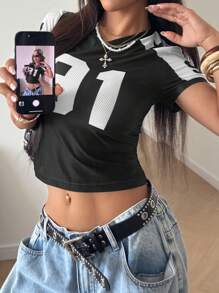 StreetHx Áo thun thể thao giản dị in chữ cổ chữ V dành cho nữ, mùa xuân/hè - màu đen - Xem 5