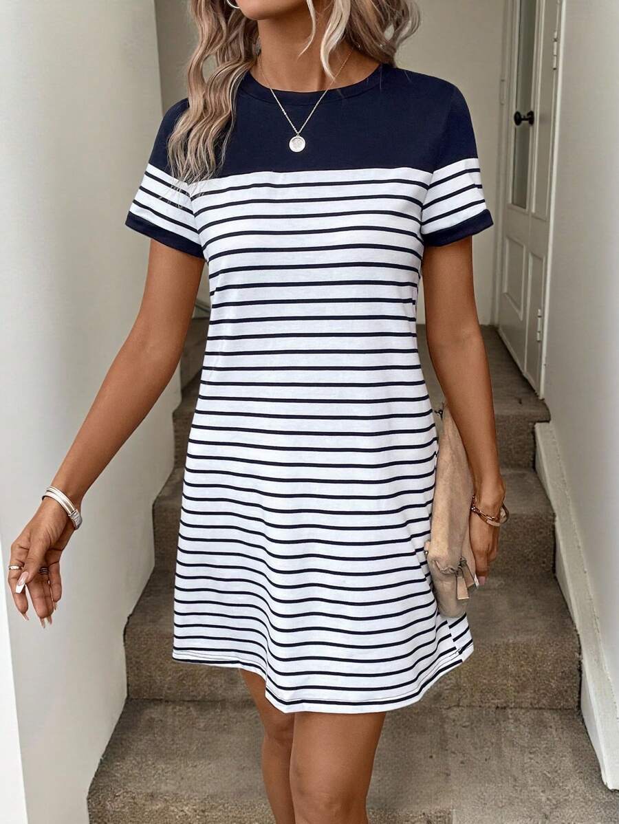 SHEIN LUNE Striped Print Tee Dress - Blue and White - View 1