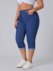 Flexra سراويل جينز كابري من الجينز مقاس كبير بخصر مطاطي للنساء، موضة كاجوال