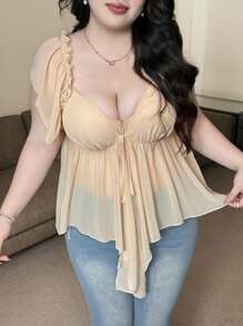 Flirla Áo cánh nữ mùa hè thanh lịch đa năng ngọt ngào thiết kế chiffon nhún bèo cổ chữ V tay bèo buộc phía trước viền bất đối xứng - Màu be - Xem 4