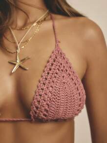 Aralina Summer Vacation Crochet Two Pieces Bikini Set With Swim Bag - Pink - View 3