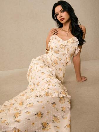 Poéselle 女士度假花卉印花荷叶边优雅吊带裙