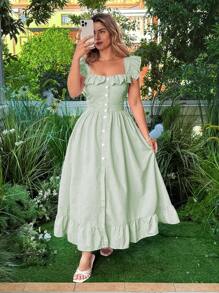 Flirla Plus Size Women Striped Print Ruffle Hem Maxi Dress - Green - View 5