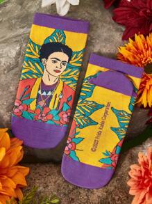 Frida Kahlo X SHEIN 3 Pairs Women Fashionable Elegant Flower Pattern Soft Breathable Sweat-Absorbent Ankle Socks, Reinforced Toe And Heel, Suitable For All Seasons Spring, Summer, Autumn, Winter,Summer Outfits, Spring Outfits,Beach, Vacation, Flower - Multicolor - View 6