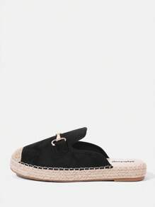 Styleloop Women's Fashion Black Metal Horse Bit Slip-On Mules, Linen Rope Toe, Flat Casual Loafers Suitable For Commuting, Vacation And Shopping