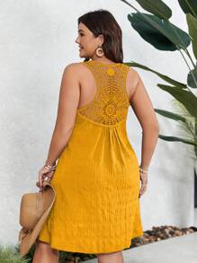 SHEIN VCAY Plus Size Mustard Yellow Casual Short Dress With Contrast Lace And V Neck - Yellow - View 4