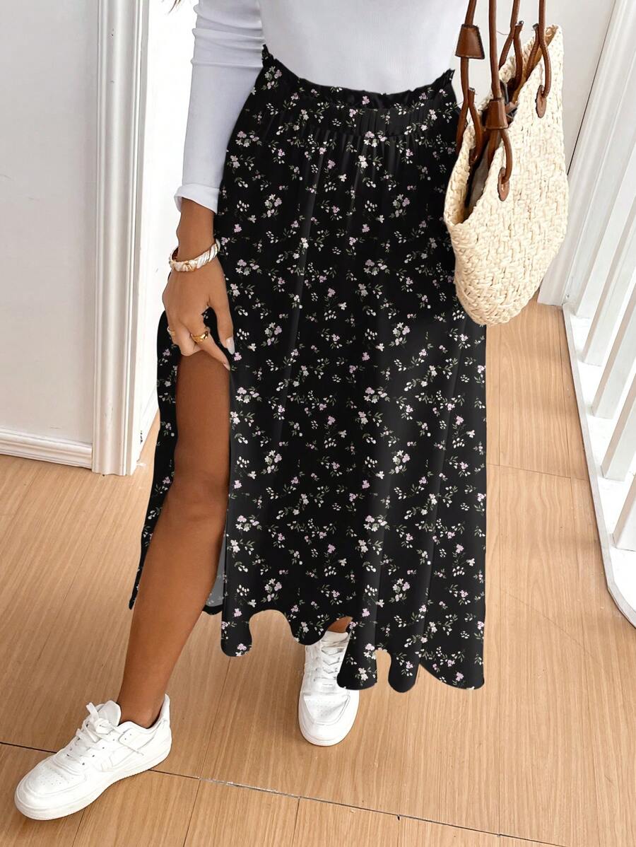 SHEIN Frenchy Women's Casual Holiday High Slit Flare Hem Skirt, Ditsy Floral Pattern, Suitable For Summer Chic Dress - Multicolor - View 1