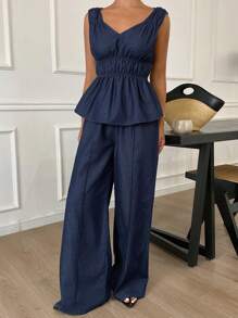 Livesso Conjunto informal de 2 piezas para mujer con blusa sin mangas con cuello en V y volantes, y pantalones vaqueros de pierna ancha de verano - Azul - Ver 5