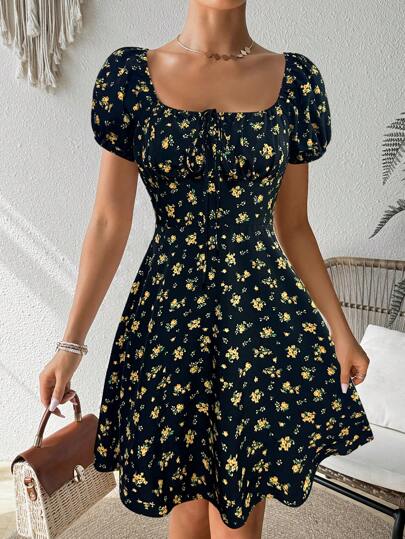 Breezaya Square Neck Floral Tie-Waist Midi Dress Vacation Beach Outfits Women Women Short Dresses Summer