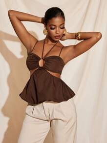 JUPITER Spaghetti Straps Neck Tie Cutouts Ruched Bustier Balloon Top Women Summer Vacation Casual Top