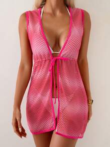 SHEIN Swim 女士时尚渐变粉色优雅性感复古风格海滩派对度假和服宽松罩衫泳衣罩衫 - 粉色 - 查看 1