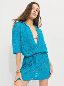Nöista Crochet Button-Down Cover Up Dress With Waist Tie And Classic Collar. Perfect For Beach Outfits, Summer Vacations, Or A Breezy 4th Of July By The Sea. - Blue - View 1