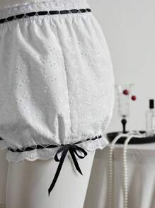 Elamini 2pc Super Low-Waist Embroidered Tie-Up Lace Trim Ruffle Hem Shorts, Playful & Sexy College Style, Spring/Summer 2025 - White - View 4