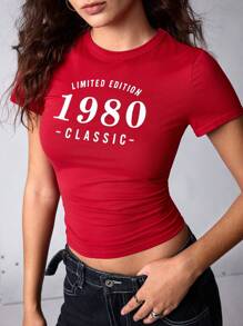 SHEIN Sports 女式街头风格休闲字母印花修身短款T恤 - 紅色 - 查看 2