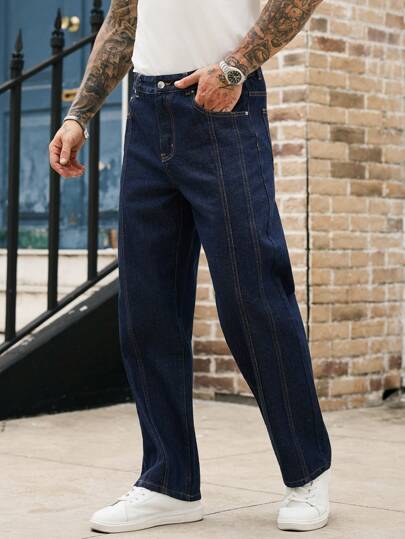 Manfinity Homme جينز رجالي منتظم متعدد الوظائف مزين بالجيوب ذو قدم واسعة