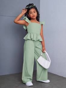 SHEIN 青少年女孩优雅编织纯色短袖衬衫和裤子套装，日常服装