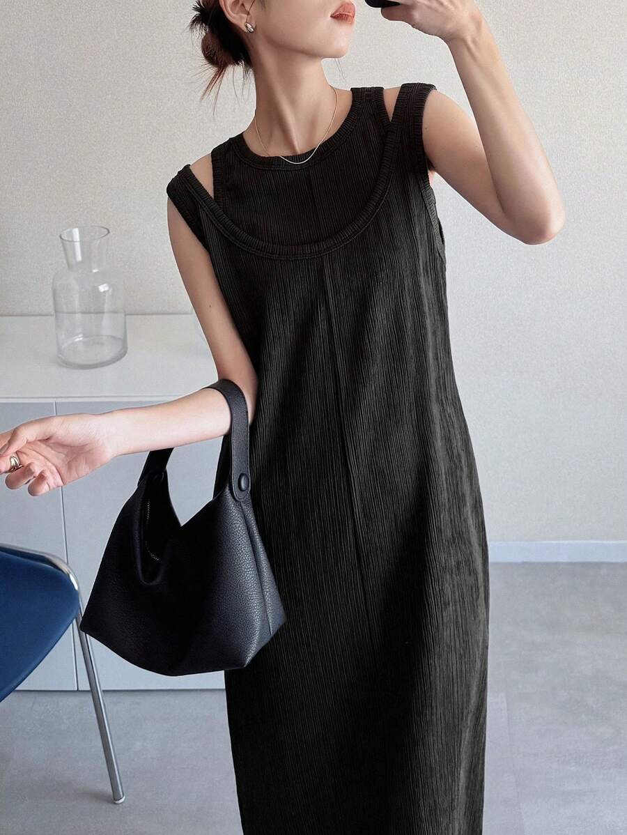 FRIFUL Women's Solid Textured Hollow Out 2 Pieces Long Dress, Ladies Summer Graduation Dress - Black - View 1