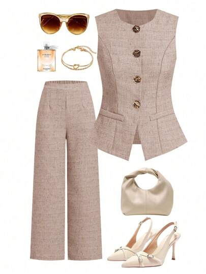 Ellevyn Chaleco sin mangas de estilo francés para mujer con decoración de botones metálicos, para uso en la oficina o para ir y venir