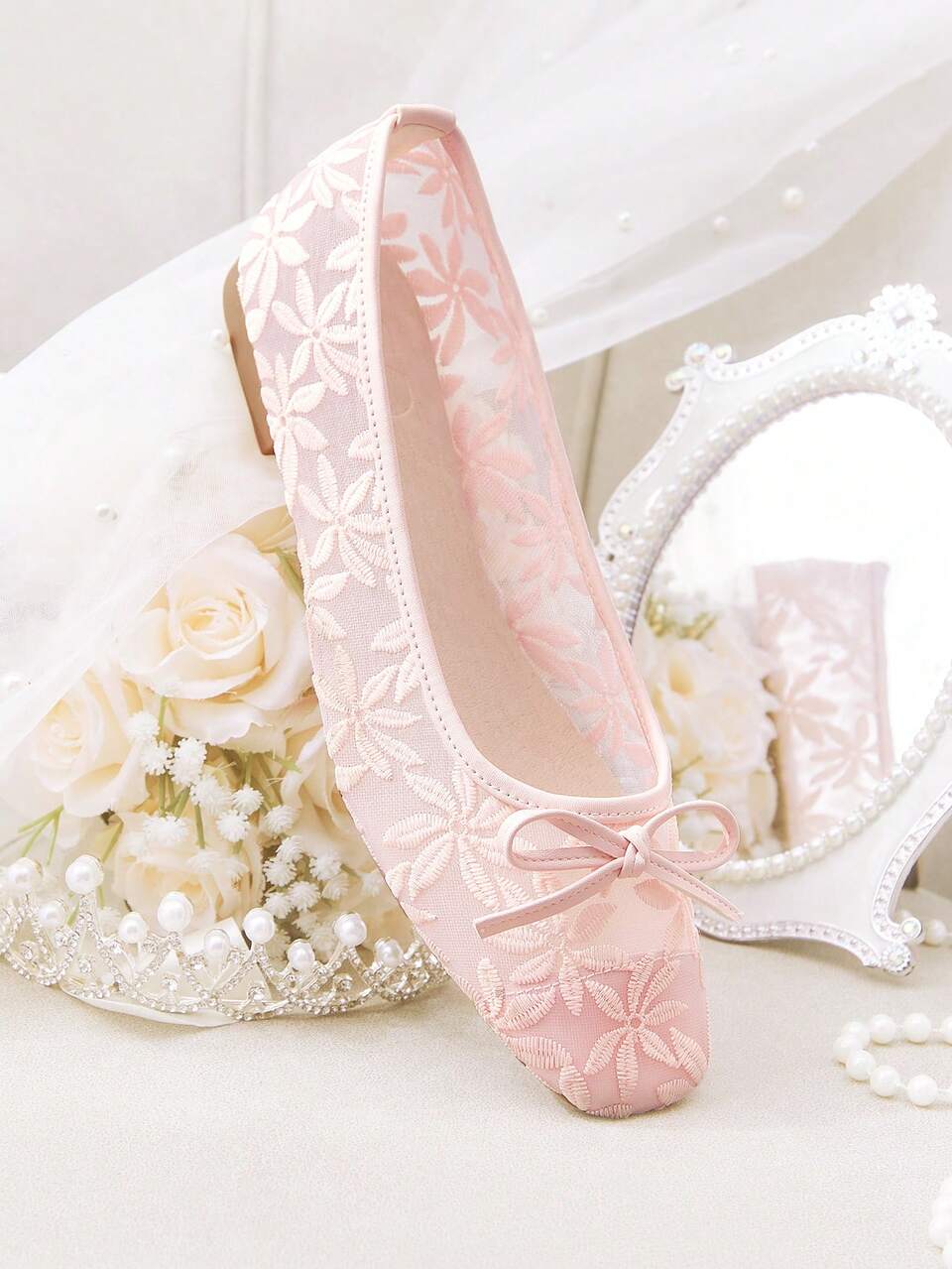 CUCCOO HITCHD Women Shoes Summer New Arrival Bow & Floral Embroidery Lace Square Toe Flats, Elegant Romantic Comfortable Blush Pink Mesh Flats, Suitable For Dress, Wedding, Party, Date, Fashion For Christmas Wedding Shoes Summer Shoes Bride Shoes