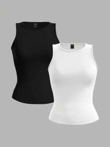 SHEIN PETITE 2 件套休闲圆领修身女式背心，适合夏季，基本款上衣