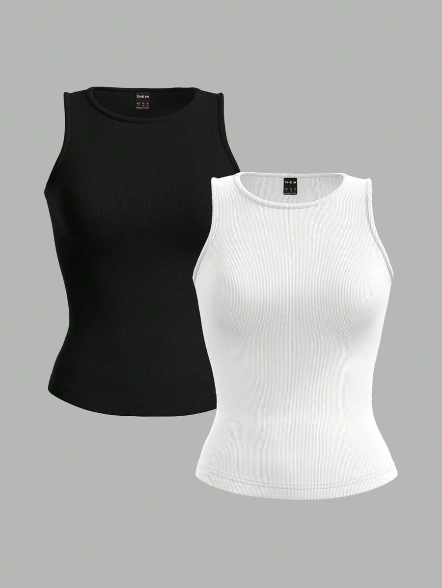 SHEIN PETITE 2 件套休闲圆领修身女式背心，适合夏季，基本款上衣