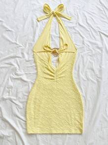 Soleia New Texture Halter Backless Tie Strap Mini Dress With Metal Decor, Blue - Yellow - View 2