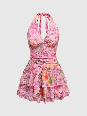Hippie Damen Vintage Hippie Totem Muster Mesh Schichten Saum Neckholder Kleid, Outfit für Frühlings Break Konzert/Rave/Festival