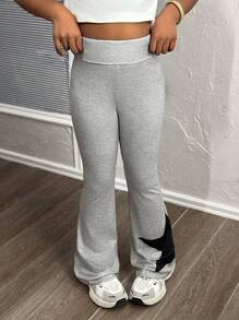 Tween Girls Star Print Knitted Flared Pants, Casual And Versatile For Daily Wear - Grey - View 3